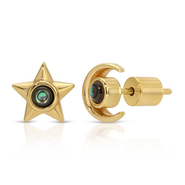 Lucky Star + Moon Studs - Abalone for wholesale by Elizabeth Stone Jewelry