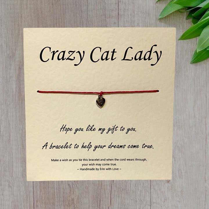 Crazy Cat Lady Wish Bracelet and Message Card for wholesale by By Erin Cards and Gifts Ltd