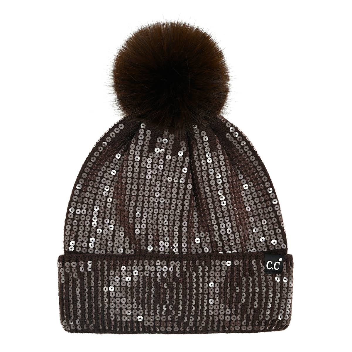 Funky Junque - Wholesale Beanie - Women's - Sequin Pom Beanie - Smooth Sequin - Brown2