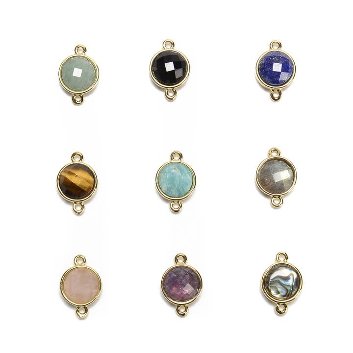 CRCBEADS - Wholesale Individual Charm/Pendant - Gemstone Faceted Round Gold Edge Connector Pendant Charm Size 12x12mm4
