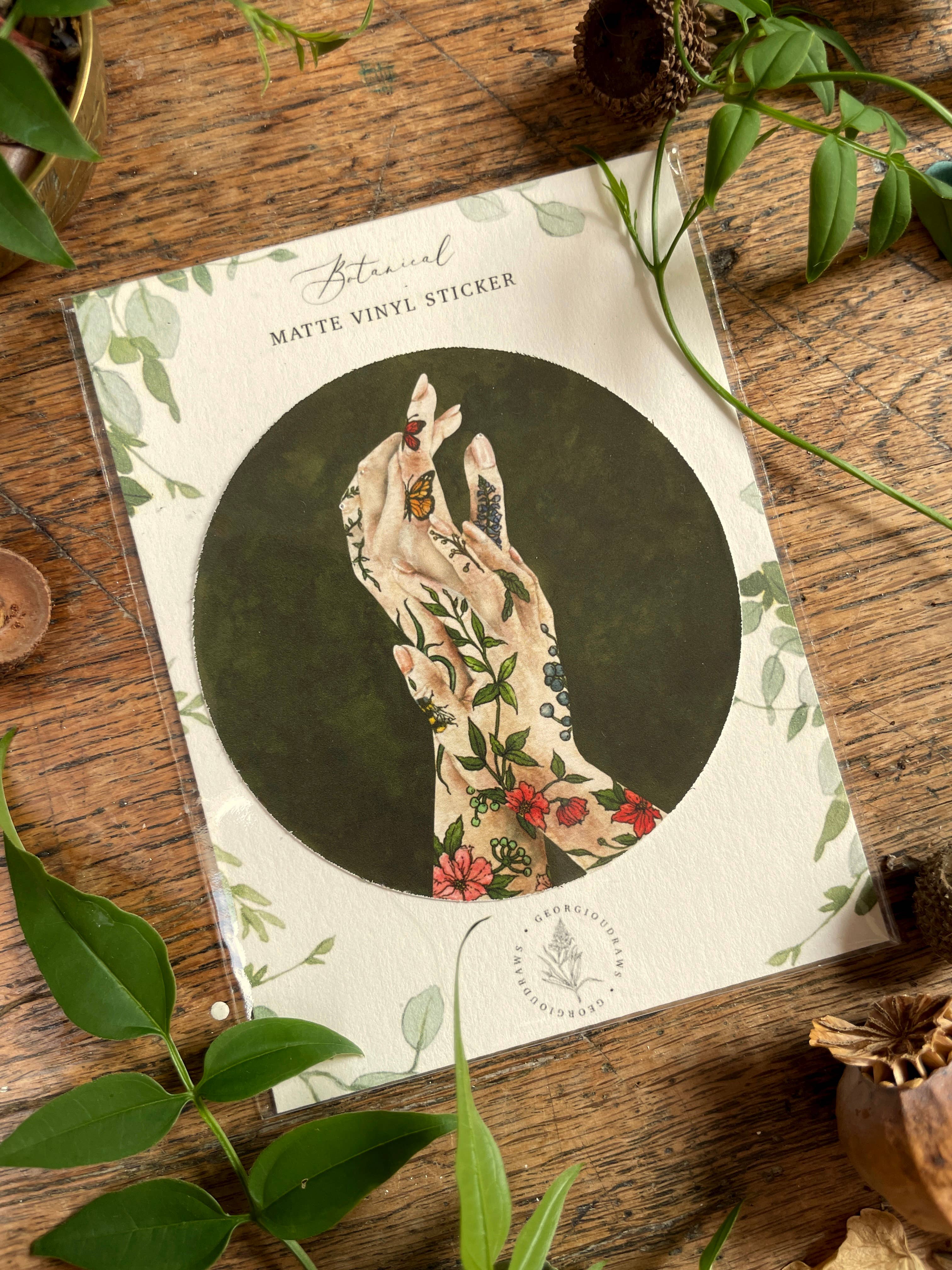 Georgiou Draws – wholesale Sticker – 'The Botanist' botanical floral tattooed hands Vinyl Sticker1
