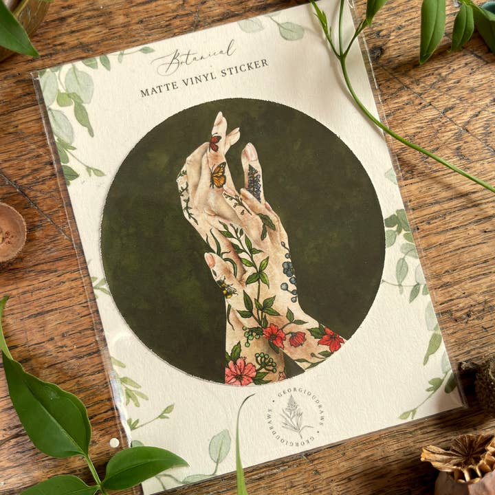 Georgiou Draws – wholesale Sticker – 'The Botanist' botanical floral tattooed hands Vinyl Sticker1