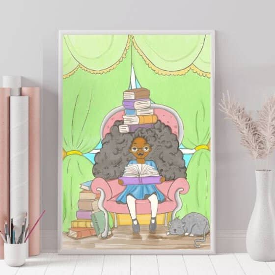 Svart flicka läser bokmask läsning skriva böcker illustration barn sovrum konst tryck ritning 4 x 6 5 x 7 8,5 x 11 11 x 14 plantskola väggkonst för wholesale av Unravelingarts