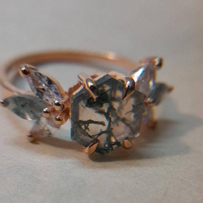 GEMPARA - Wholesale Cocktail/Statement Ring - 14/18k Gold Moss Agate hexagon ring3