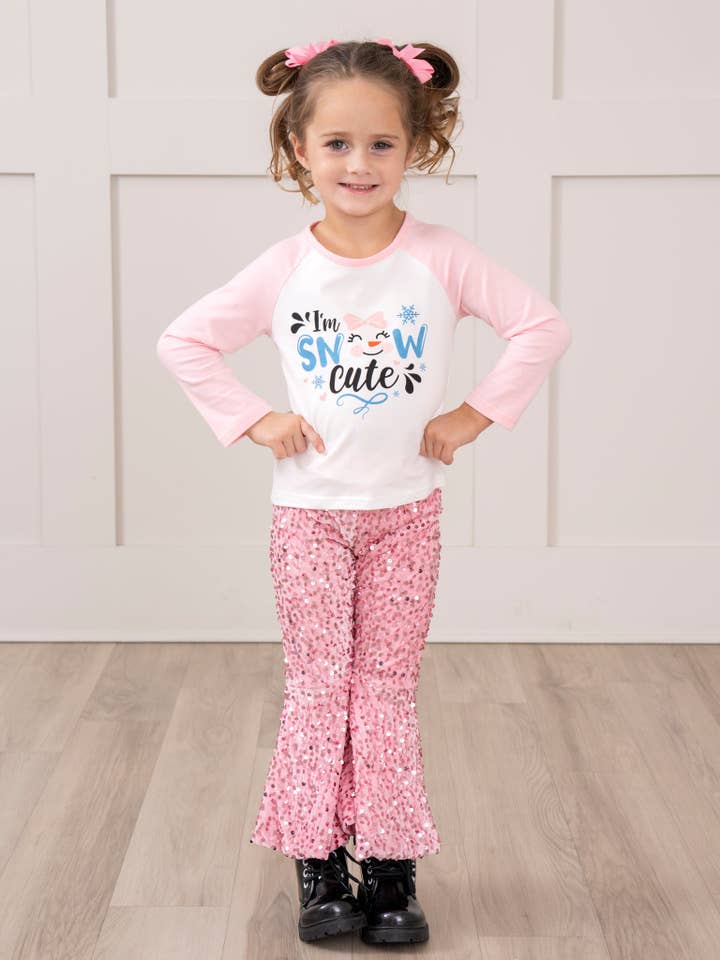Marie Nicole Clothing - Wholesale Top & Pant Set - Kids - Pink "Snow Cute" Sequin Bell Bottoms Outfit3