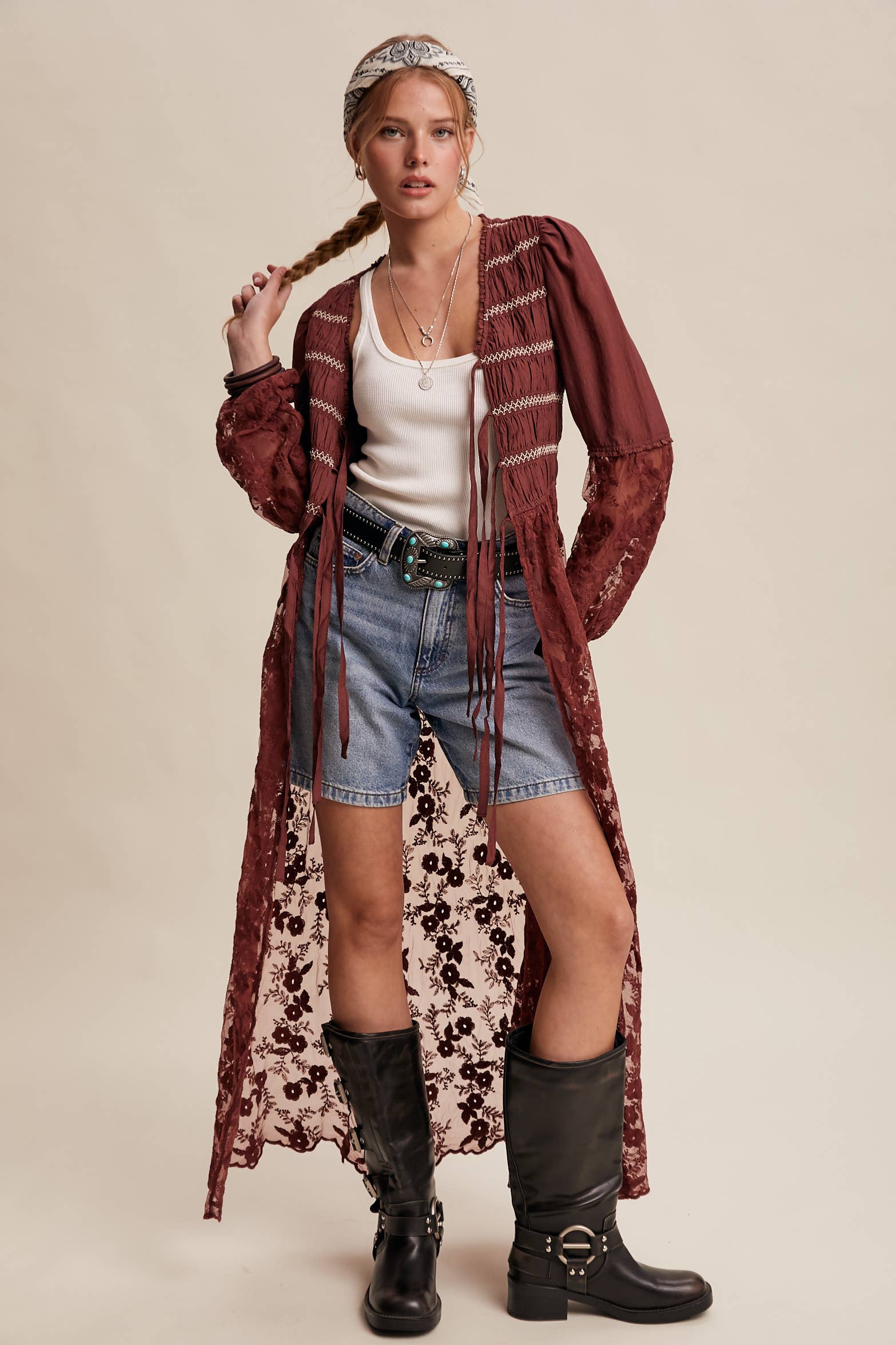 Listicle - Wholesale Kimono - Women's - Lace-Up Embroidered Maxi Kimono LJ026113