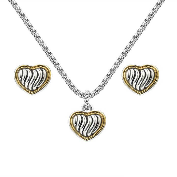 Two Tone Heart Necklace & Earring Set for wholesale by Laudic Co