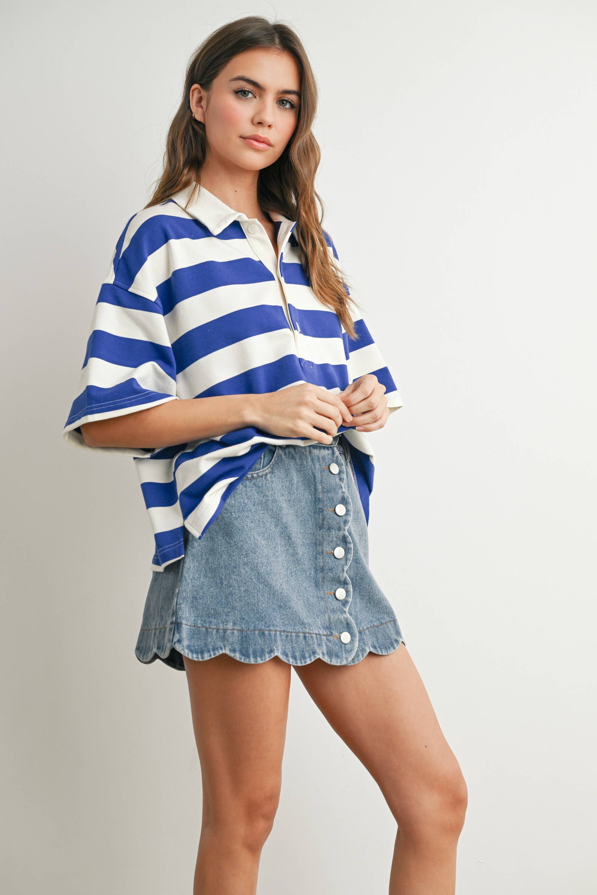 BUTTERMELON - Wholesale Polo - Women's - Striped Oversized Polo Shirt - BMT771036