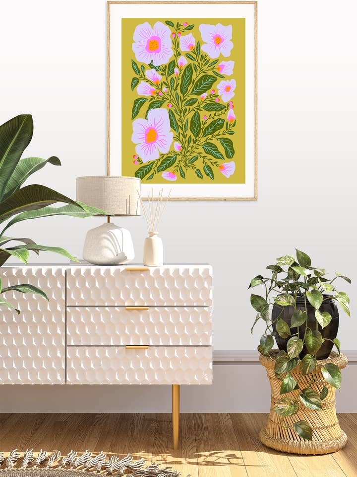 Green and Lilac Floral Illustration Blooms Art Print for wholesale by Vivian Sofia Designs