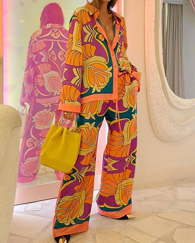 Rosa Clothing - Wholesale Lounge Set - Women's - Printed Long-Sleeved Shirt Straight-Leg Pants Lounge Set2