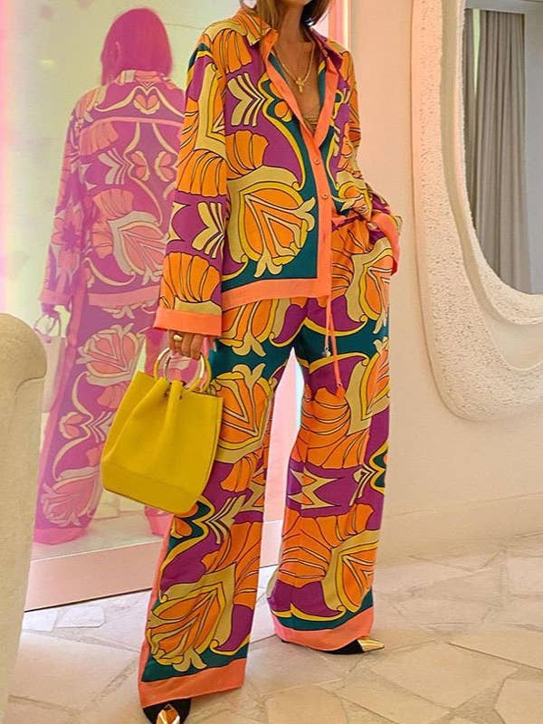 Rosa Clothing - Wholesale Lounge Set - Women's - Printed Long-Sleeved Shirt Straight-Leg Pants Lounge Set2