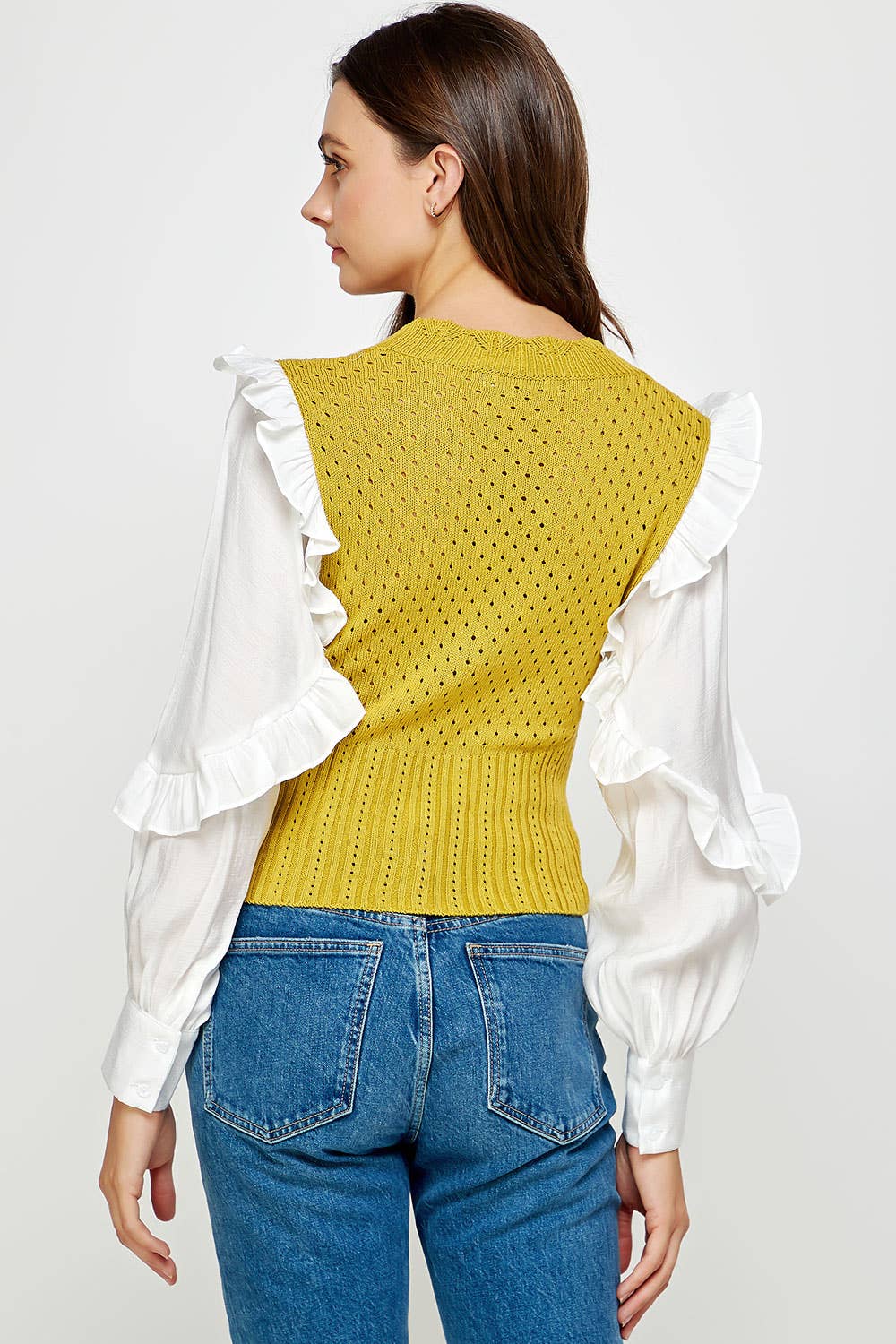 Strut & Bolt - Wholesale Knit Sweater - Women's - Mixed Fabric Ruffled Sleeve Crochet Knit Sweater15