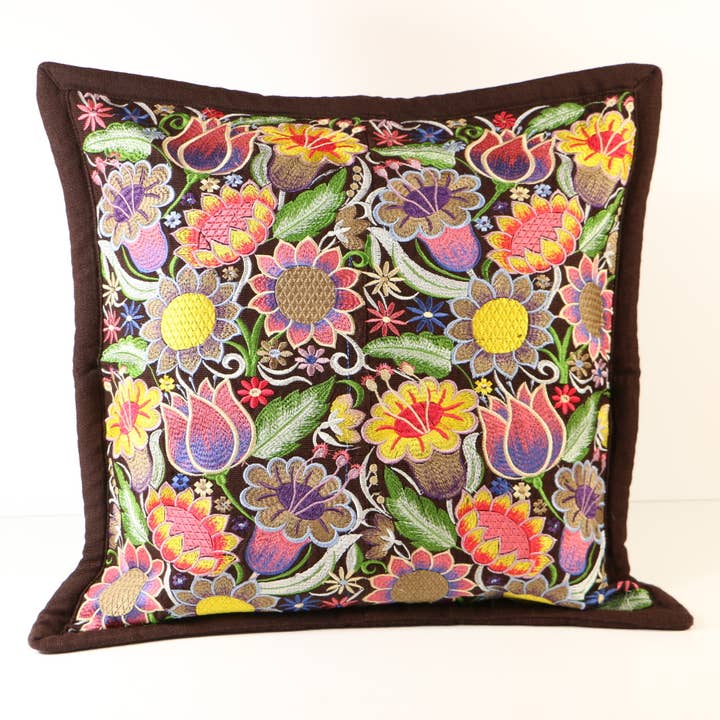 Pillow - Large w/ Floral Design on Dark Brown, 19x19 inches for wholesale by DIAMANTI DESIGNS