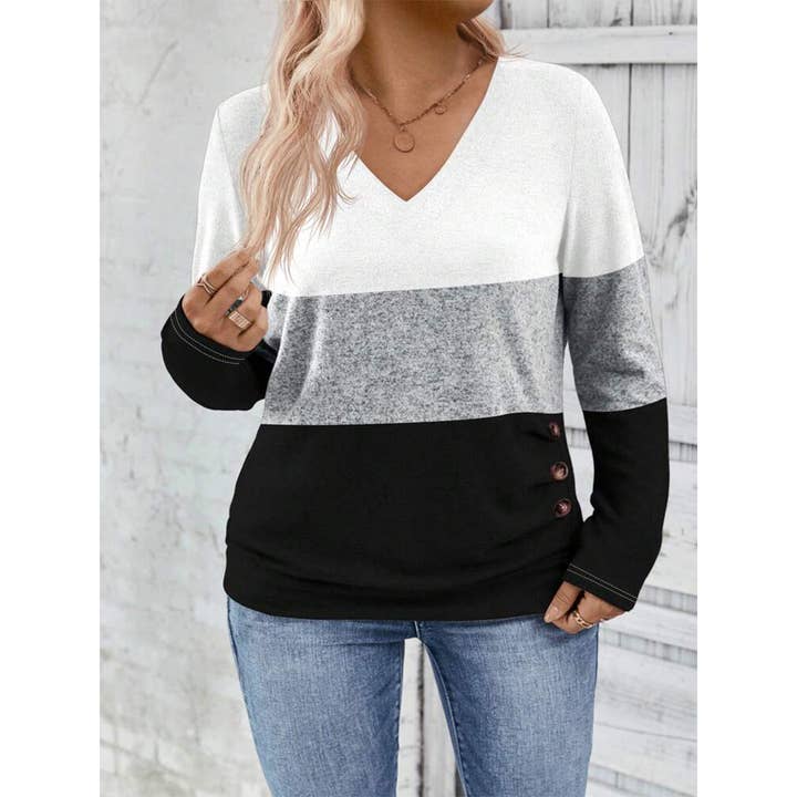 White Colorblock Pullover V-Neck Long Sleeve Knit Top ZK3726 for wholesale on Faire2