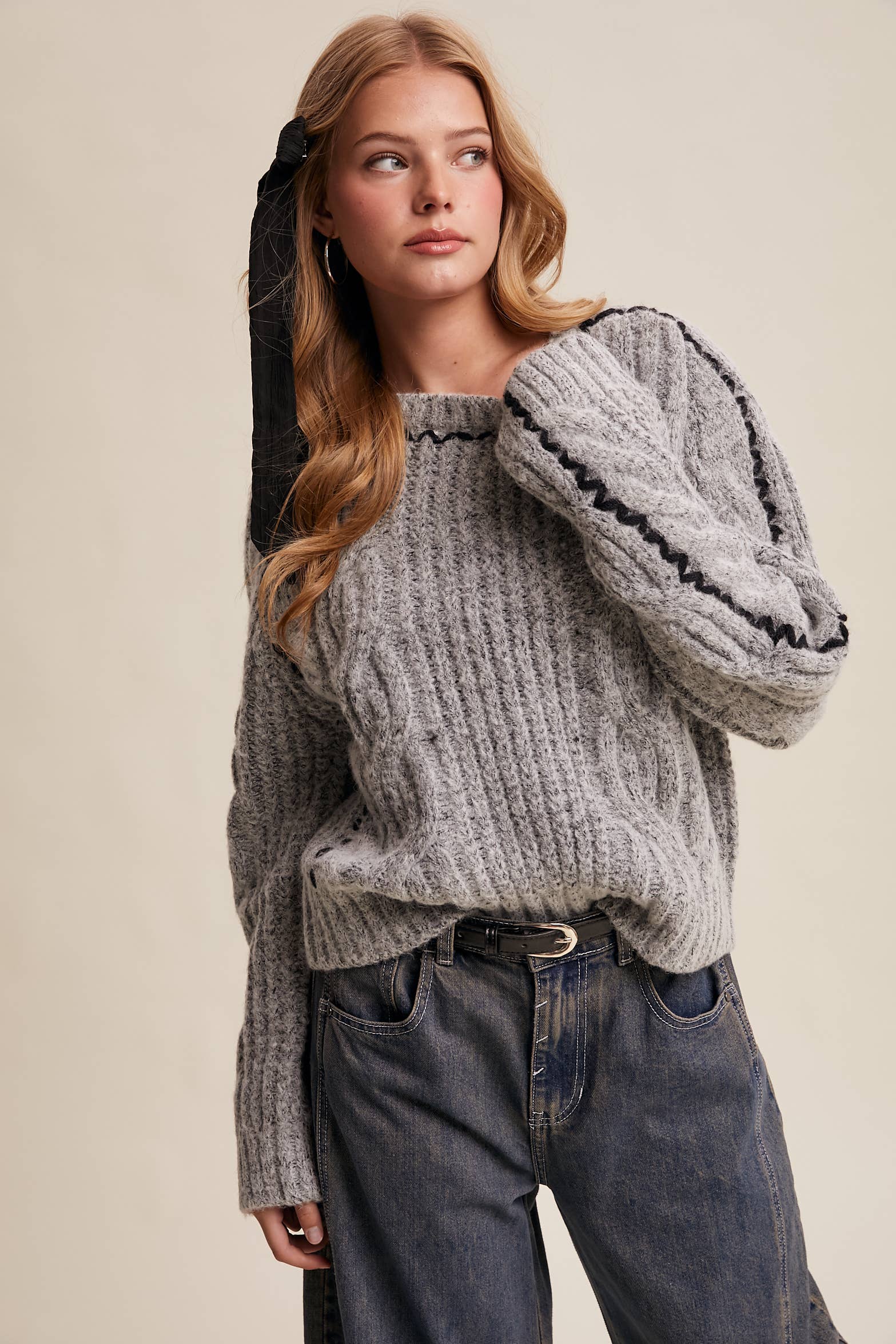Listicle - Wholesale Knit Sweater - Women's - Contrast Stitch Cable Knit Sweater LSW1013 0