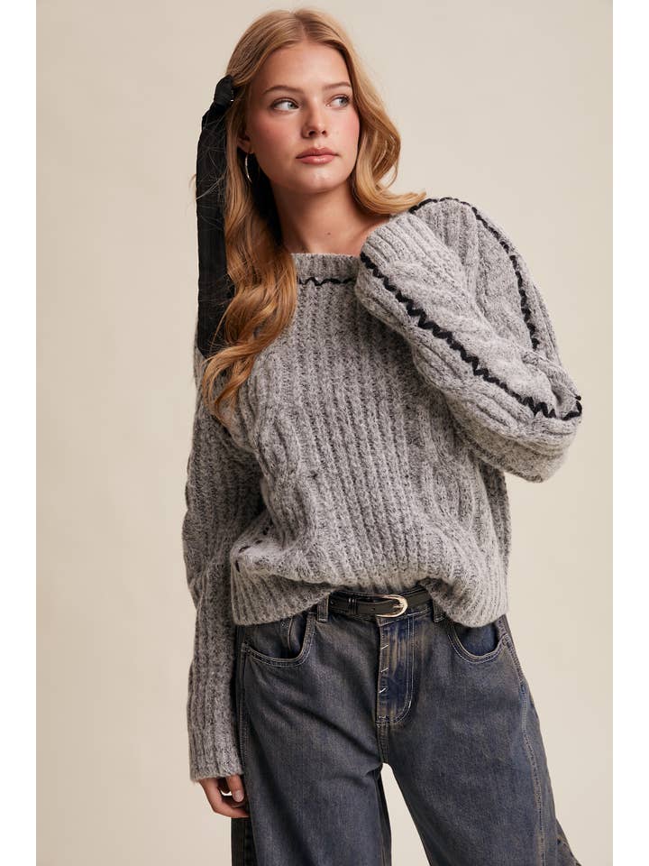 Listicle - Wholesale Knit Sweater - Women's - Contrast Stitch Cable Knit Sweater LSW1013