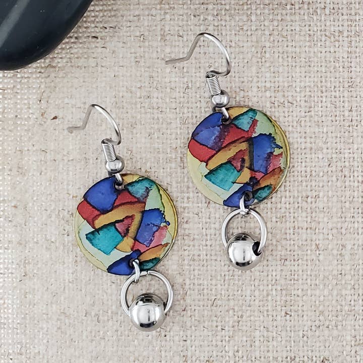 Alcohol Ink Stainless Steel Ball Connector Earrings for wholesale by Covaly Artisan Jewelry