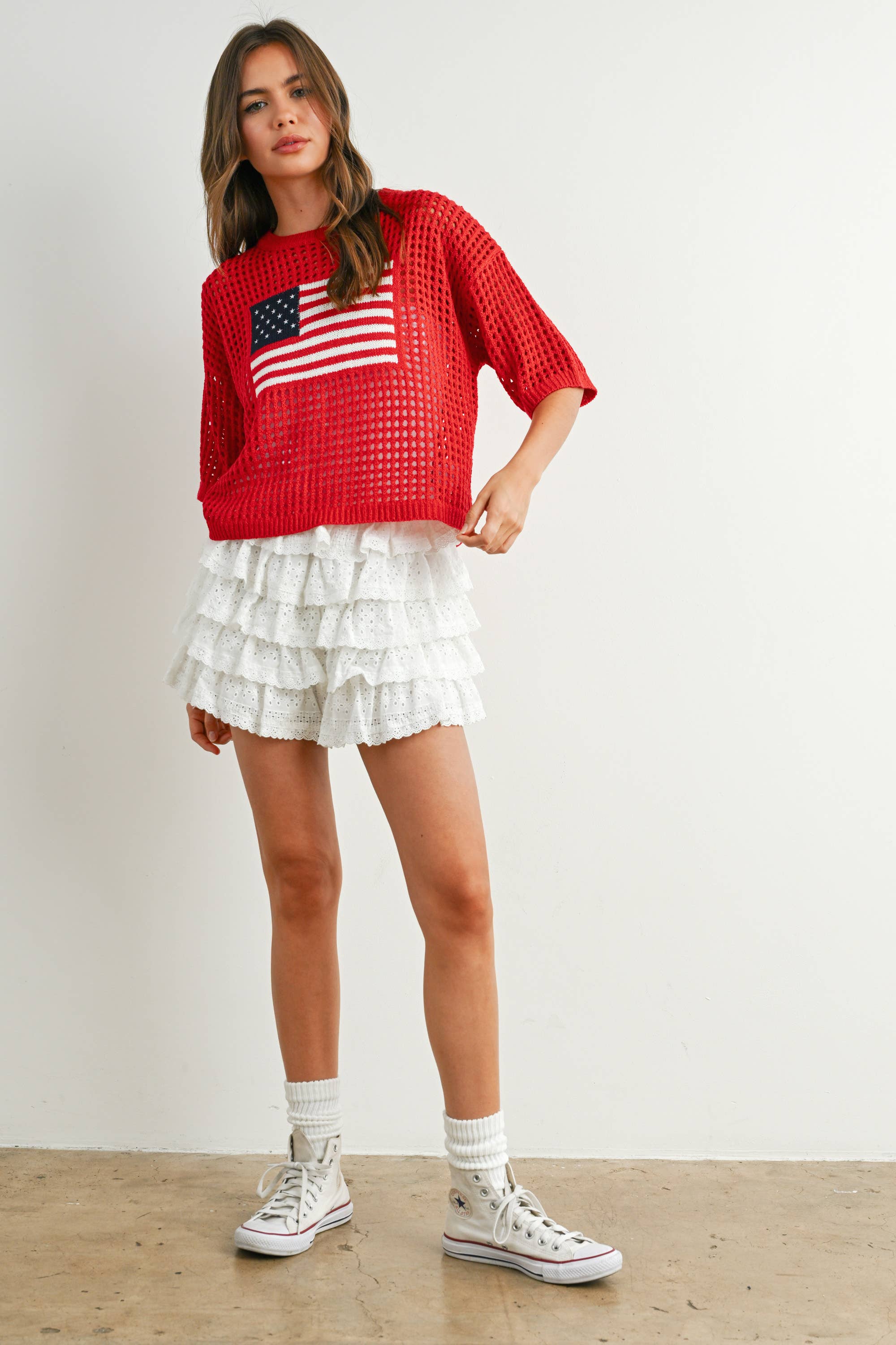 BUTTERMELON - Wholesale Knit Top - Women's - Flag Print Open Knit Crochet Sweater Top - BMW77351