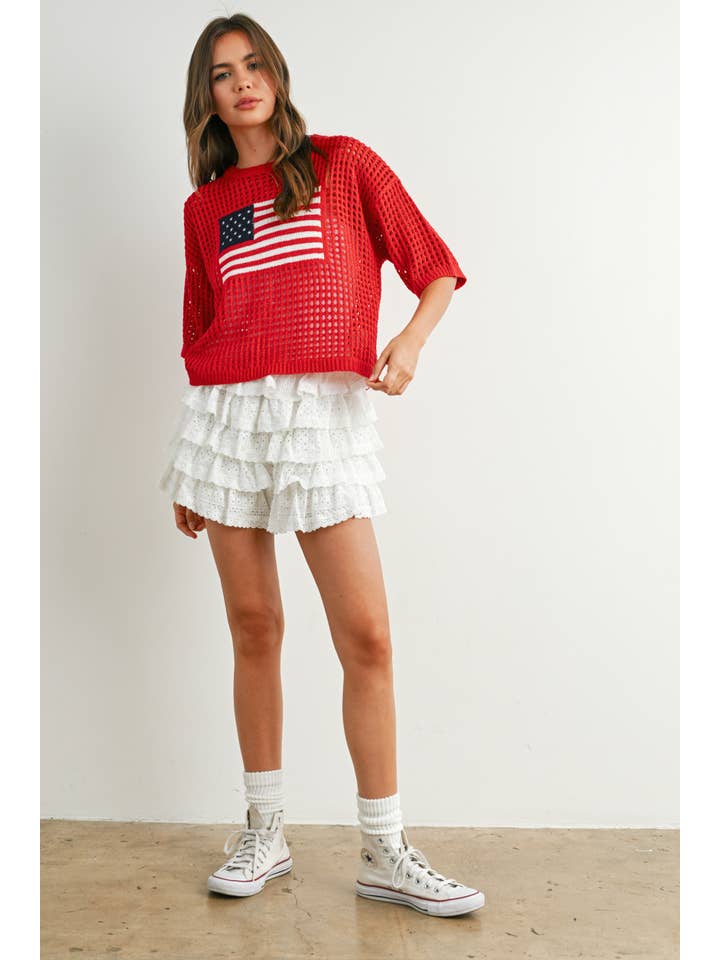 BUTTERMELON - Wholesale Knit Top - Women's - Flag Print Open Knit Crochet Sweater Top - BMW77351