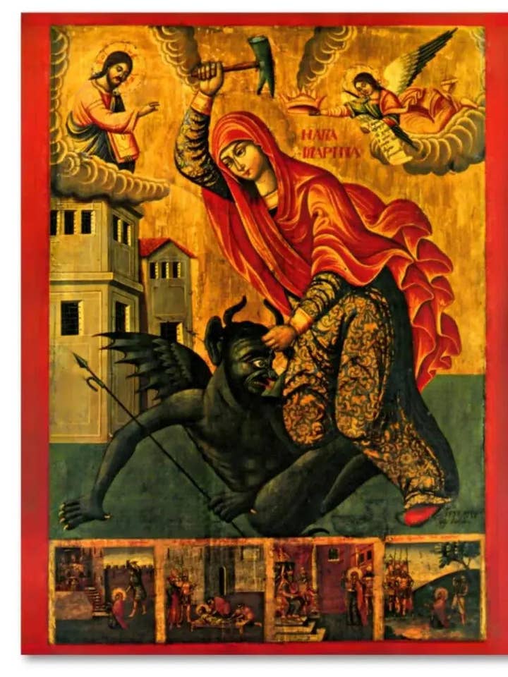 Heilige Marina (Margareta) von Antiochia "den Teufel besiegend", heilige Großmärtyrerin. Holz-orthodoxe Ikone für den Großhandel von Iconsofsaints