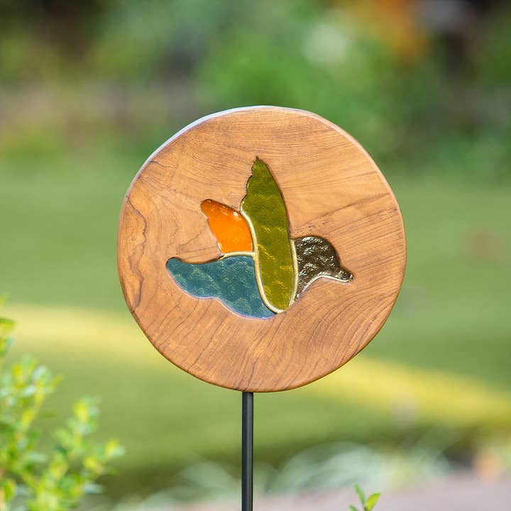 Teak Slab Stained Glass Bird Garden Stake - 4FT for wholesale by Garden Age Supply
