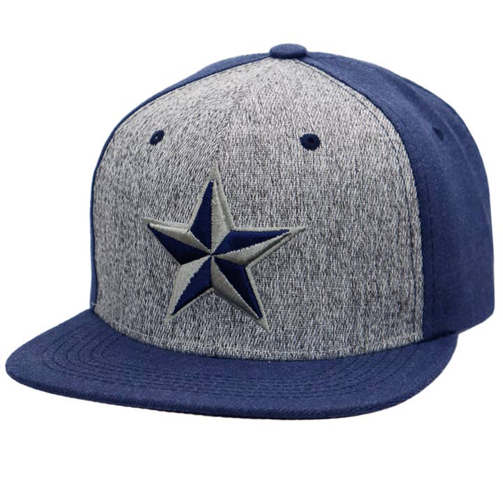 Grigio/Blu navy Snapback in tessuto tweed melange con logo Dallas Star in vendita all'ingrosso su Faire