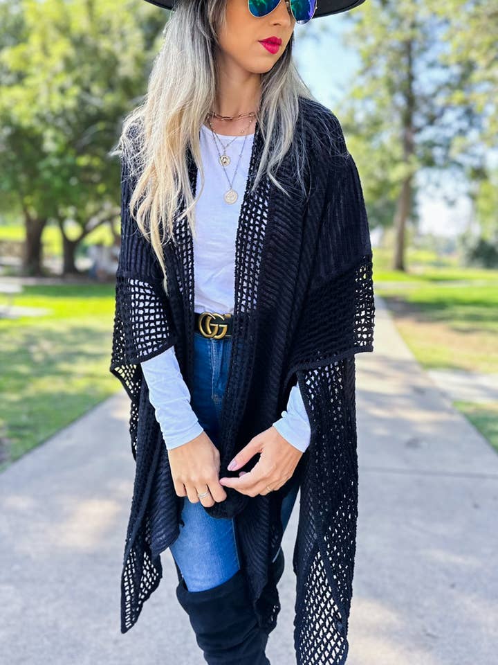 Black 3D Texture Lace Knit Detail Soft shawl Kimono Cardigan for wholesale on Faire