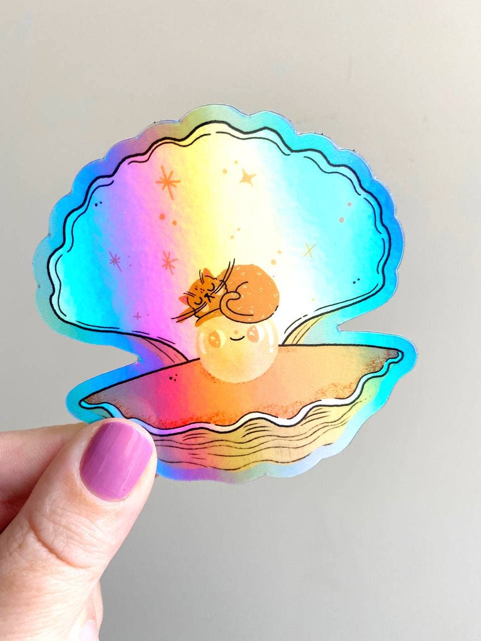 Bloemkolie - Wholesale Sticker - Holographic Oyster & Cat Vinyl Sticker (Waterproof, dishwash1