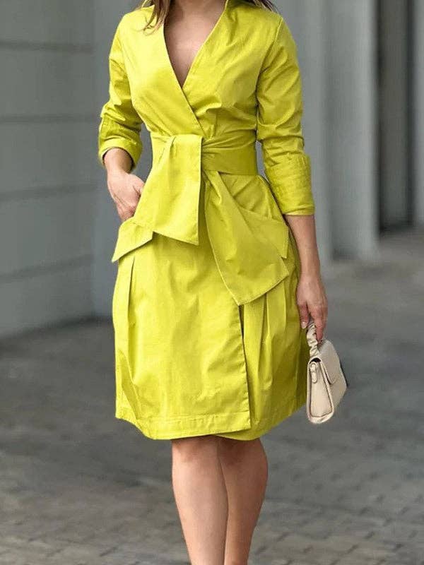 UZ Wholesale Store - Wholesale Dress - Women's - Solid Color Tied Waist Long Sleeves Deep V-Neck Mini Dresses