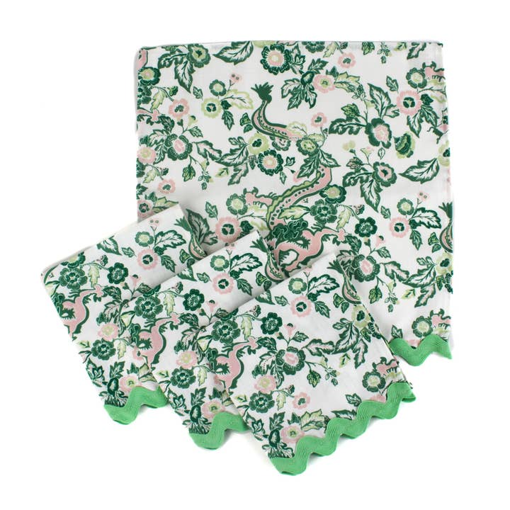 East of the Sun Chinoiserie Green Cloth Dinner Napkins w/Ric Rac, Set of 4 for wholesale by Madcap Cottage