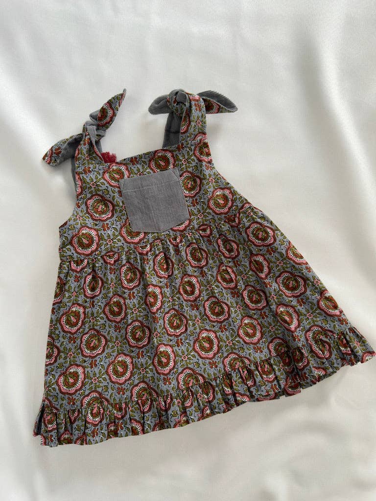 Yo Baby - Wholesale Dress - Kids - Reversible Solid Grey Corduroy & Grey Floral Printed Ruffle Dress8