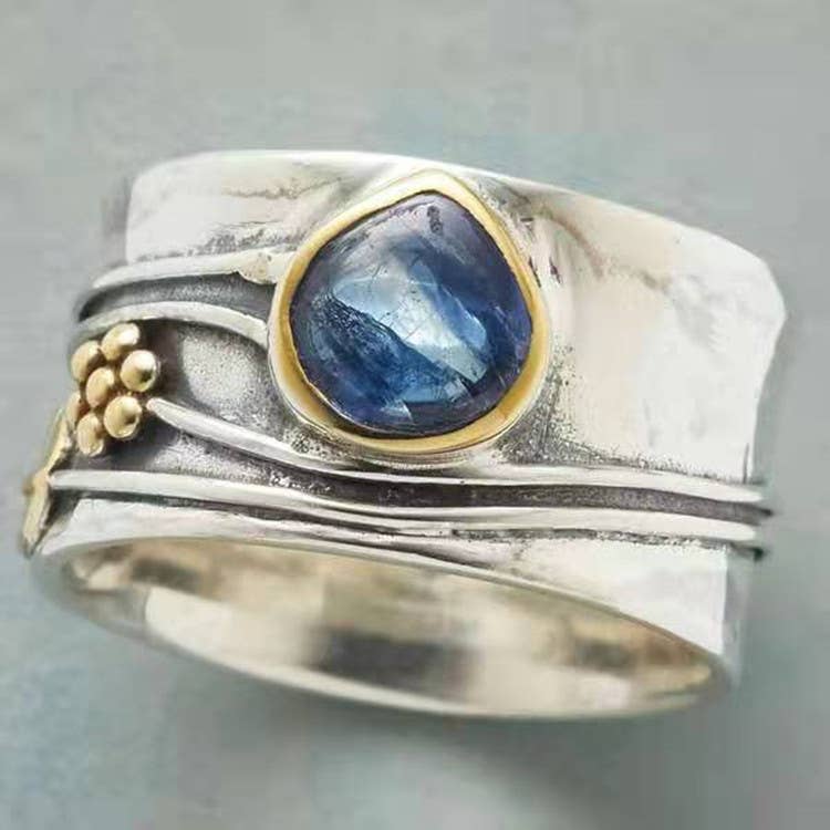 Boho Blue Teardrop Gemstone Two - Tone Flower Ring for wholesale on Faire2