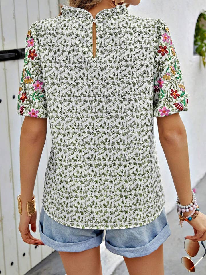 Lily Clothing - Wholesale Blouse - Women's - EMBROIDERED PRINTED TURTLENECK BLOUSE