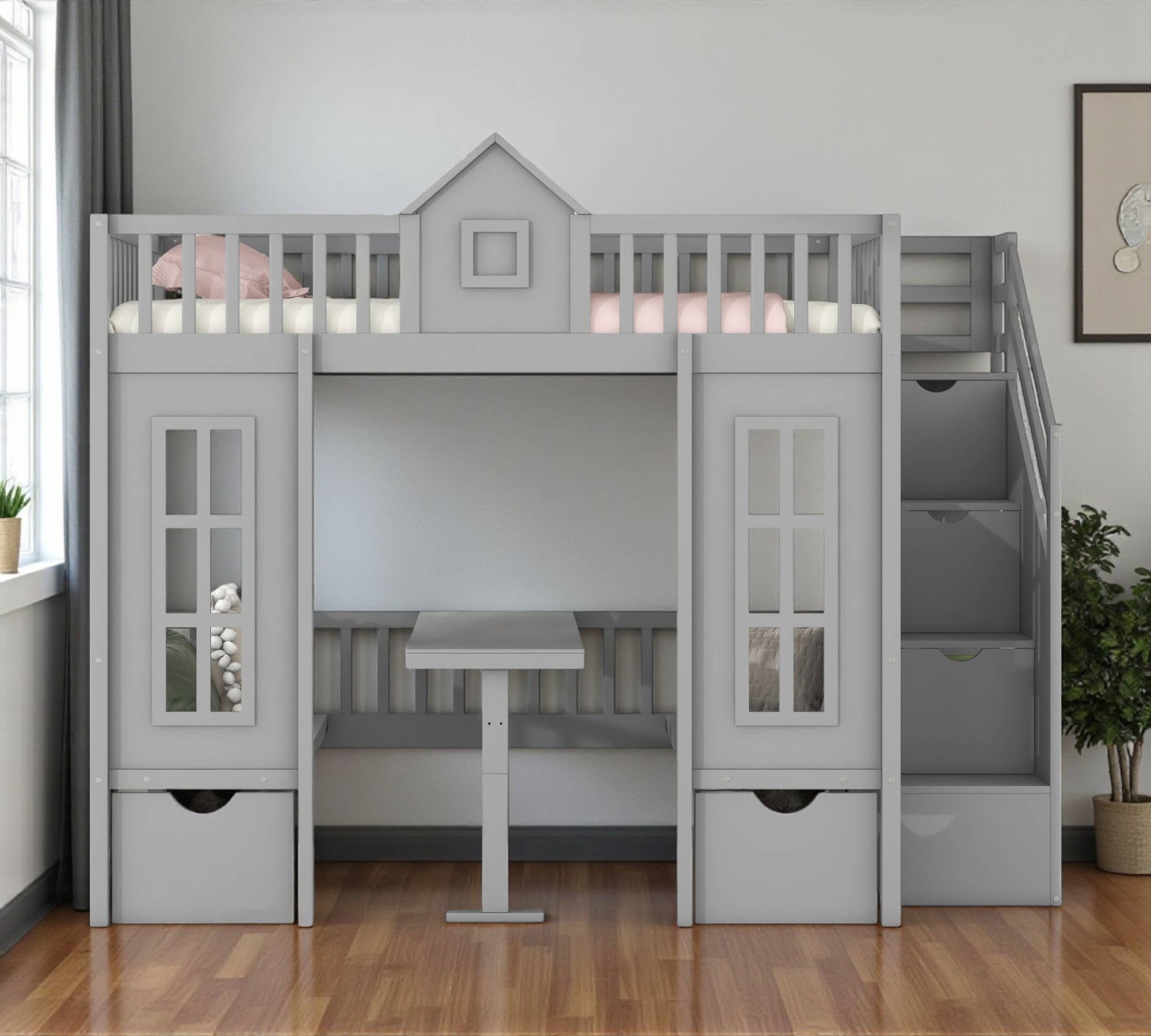 HomeRoots - Wholesale Bed - Gray Twin Over Twin Solid Wood Bunk Bed With Stairs And Desk And Drawers And Storage1