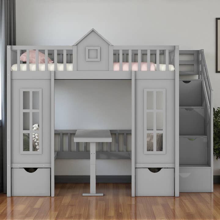 HomeRoots - Wholesale Bed - Gray Twin Over Twin Solid Wood Bunk Bed With Stairs And Desk And Drawers And Storage1