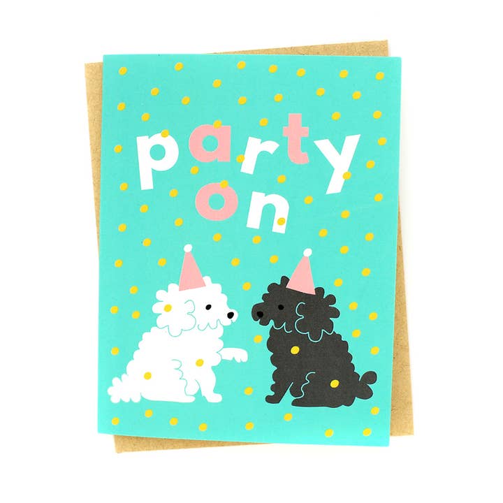 Party On Dogs birthday card cute teal funny humor puppy A2 for wholesale by Klinger Creative