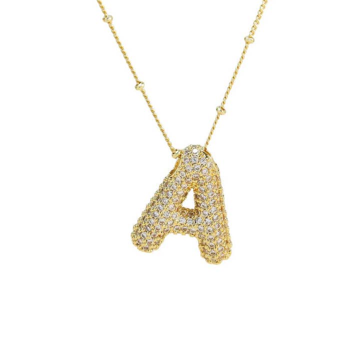 The Classy Cloth WS - Wholesale Pendant/Charm Necklace - Jeweled Cz Bubble Letter Initial Necklace - Gold RTS29
