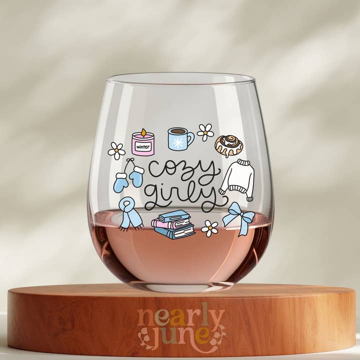Cozy Girly Winter Vibes Wine Glass for wholesale by Nearly June Design Co