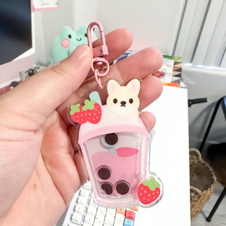 Strawberry Boba Corgi Shaker sleutelhanger voor wholesale door Potato Desk