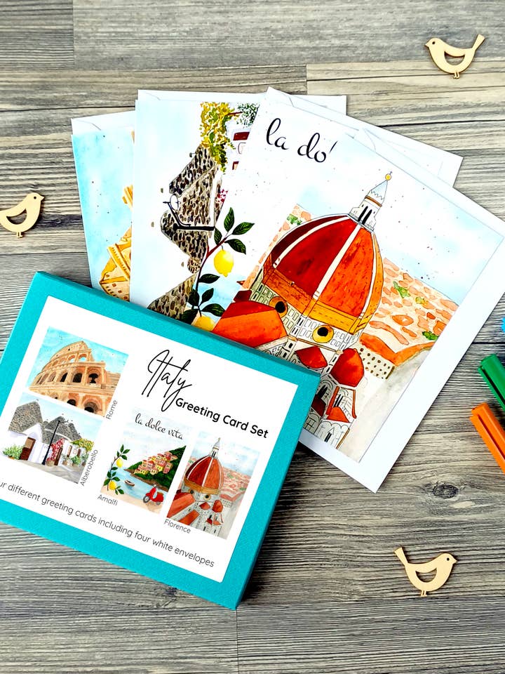 Wenskaarten cadeauset Italië – 4 kaarten met enveloppen voor wholesale door Christina Jenne Art and Design