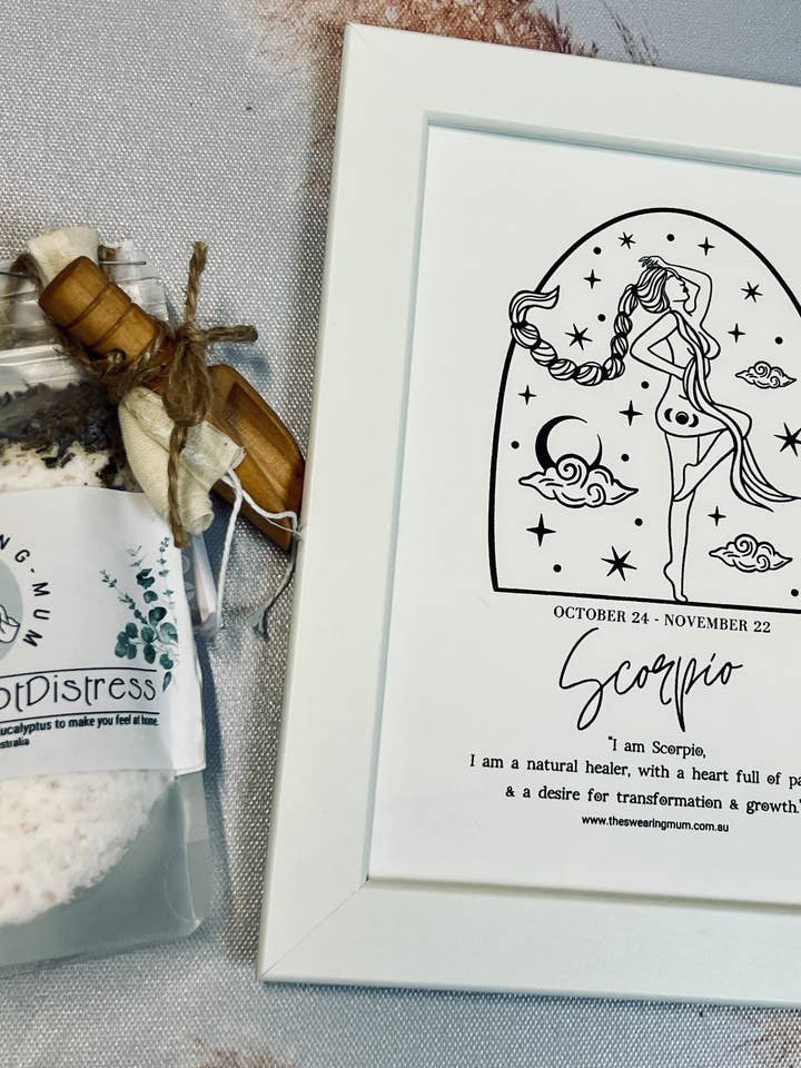 Bath Salts and Mini Zodiac Print Bundle - Destress not Distress 180 Gram plus chosen Zodiac by The Swearing Mum for wholesale by The Swearing Mum