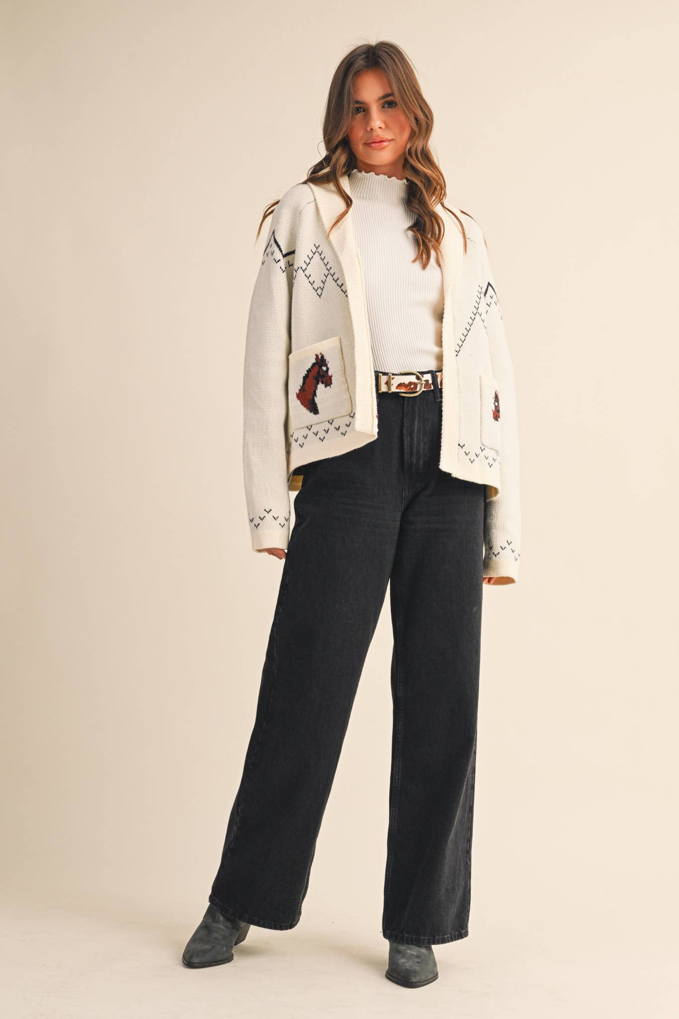 &MERCI - Wholesale Cardigan - Women's - HORSE KNIT SWEATER CARDIGAN MSW1080734