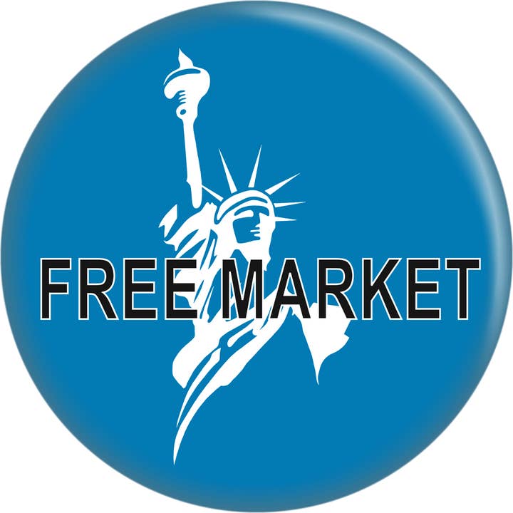 Pin-on Button - 1.25 Inch - "Free Market" for wholesale by Square Deal Recordings & Supplies