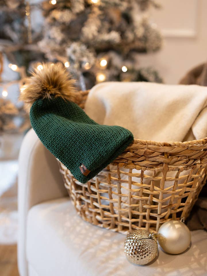 Spruce Green Knit Beanie Toque with Fur Pom Pom for wholesale by Wild Rose Designs