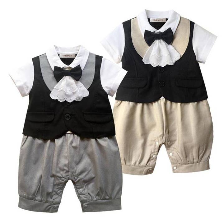 Grey Tux Cotton Baby Romper for wholesale by Fennco Styles