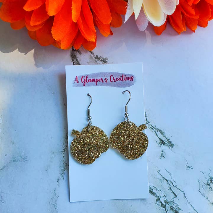 A Glamper's Creations LLC - Wholesale Dangle Earrings - Gold Glitter Acrylic Pumpkin Earrings