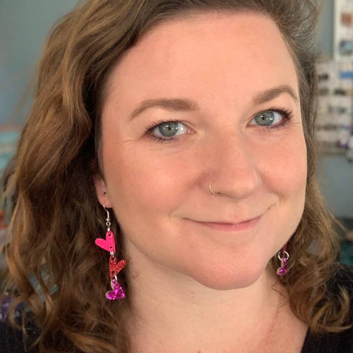 Brandy Bell Design - Wholesale Dangle Earrings - LINKED HEARTS - Tiny Hearts Collection || Leather Earrings || <BR> NEON PINK GLITTER ON THICK LEATHER2