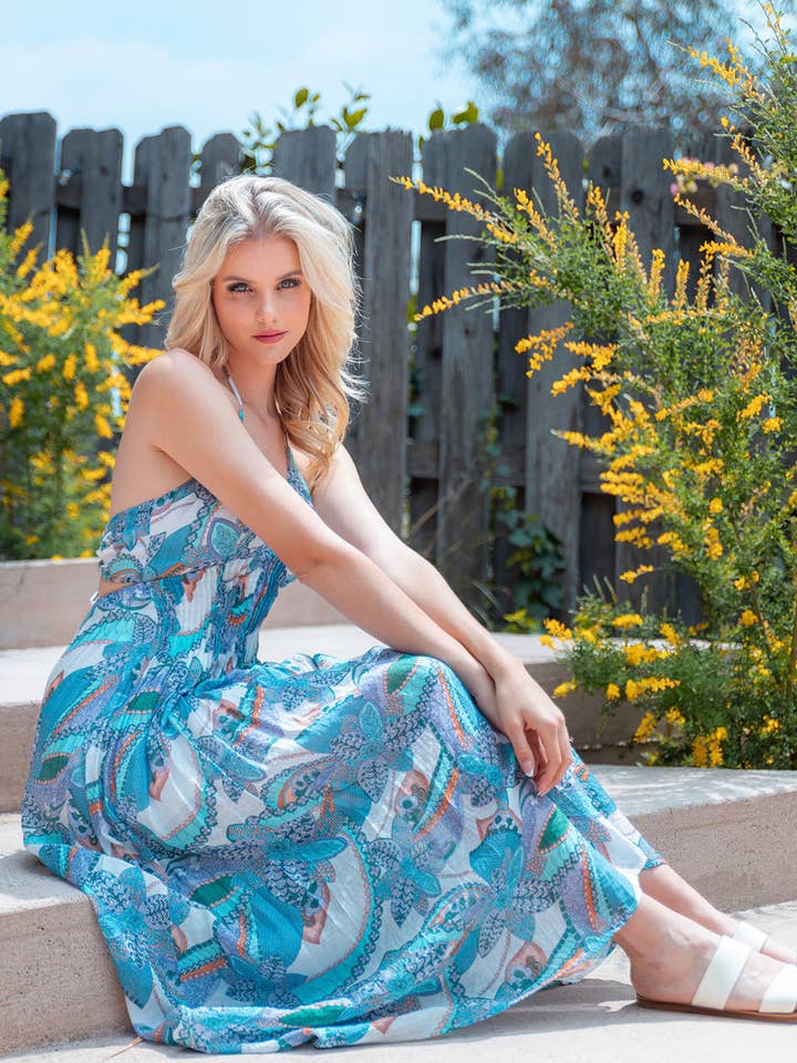 LD66371T-Front pintuck detailed halter neckline maxi dress for wholesale by Taelynn