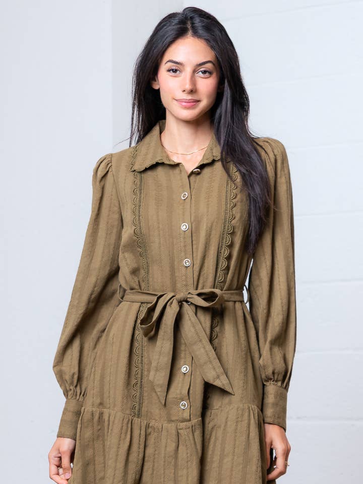 HD30408T-VOLUMINOUS L/S LACE DETAILED LONG FLARE DRESS for wholesale by Taelynn