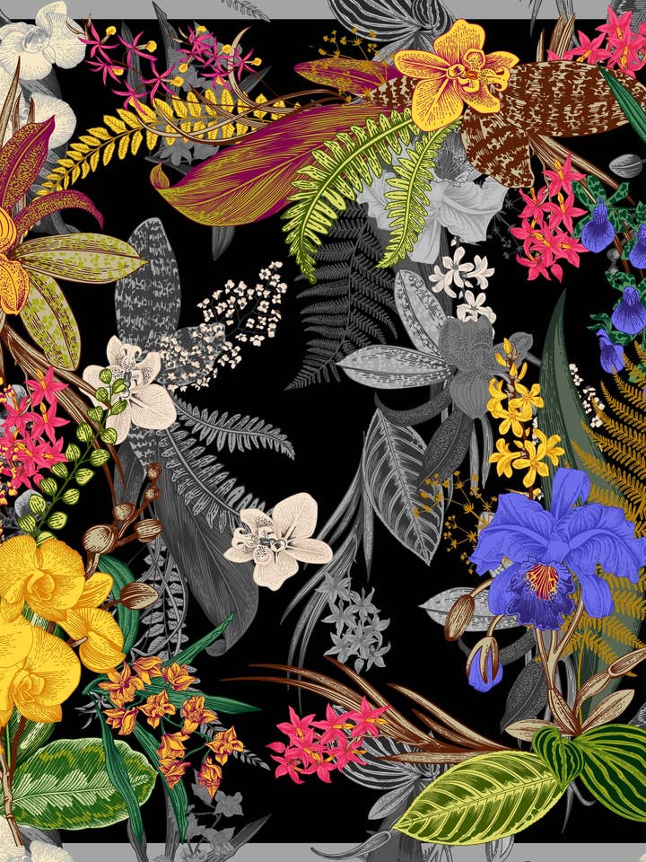 Foulard seta 90X90 misto nero foresta for wholesale by L'OFFICIEL SRL